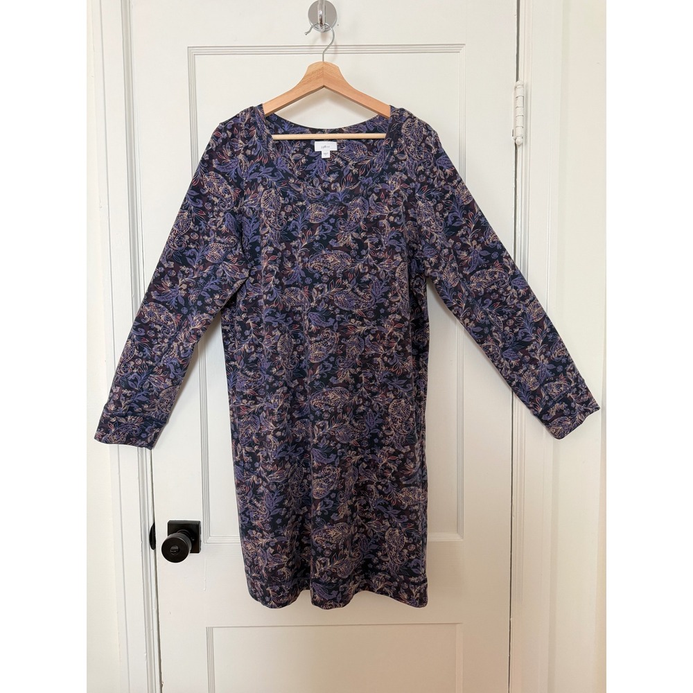 J.Jill Fit Womens Purple Paisley Long Sleeve Pocket Shift Dress L Classic Preppy